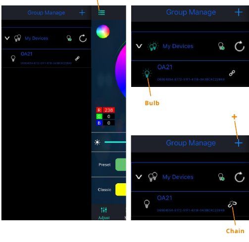 App screens showing Menu, Bulb and Chain buttons