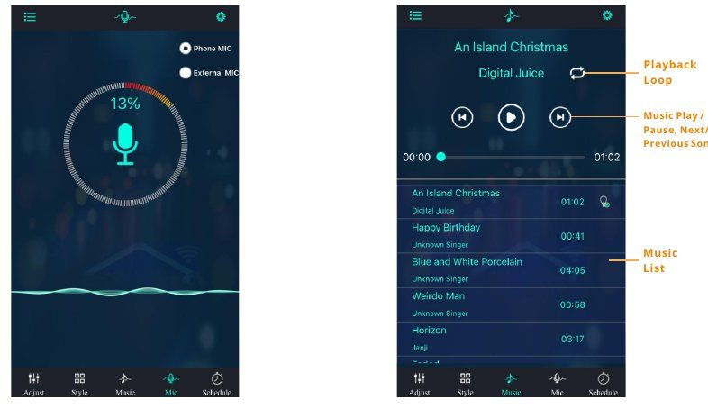 Microphone mode and music list screens