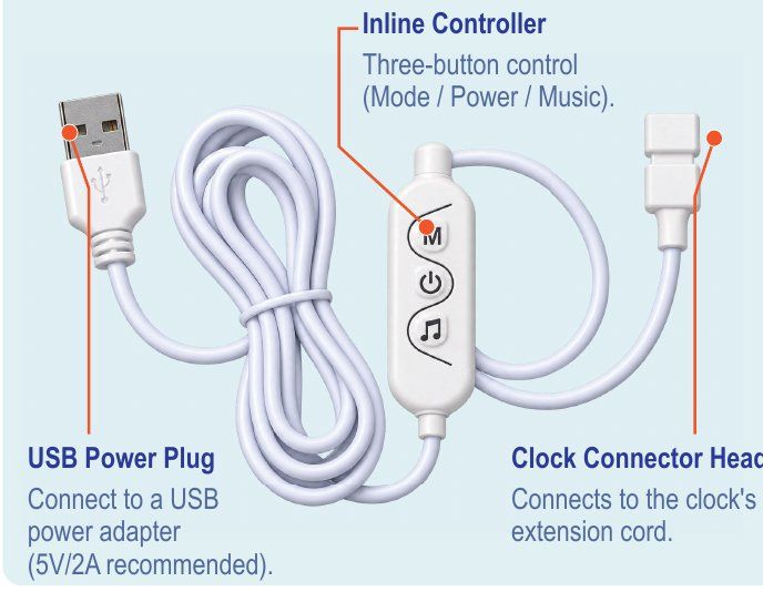 USB power cable with inline controller