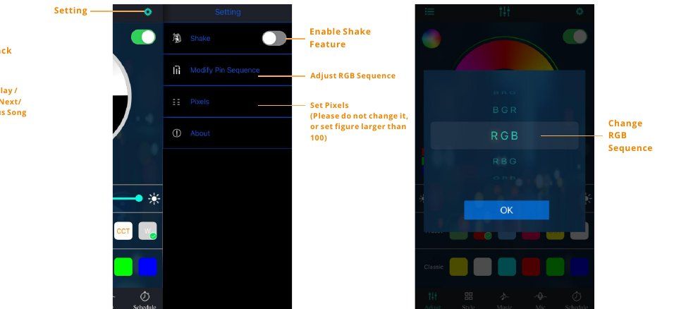 Advanced settings: shake, RGB sequence, pixels