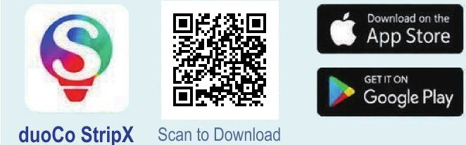 duoCo StripX app icon, QR code and store badges