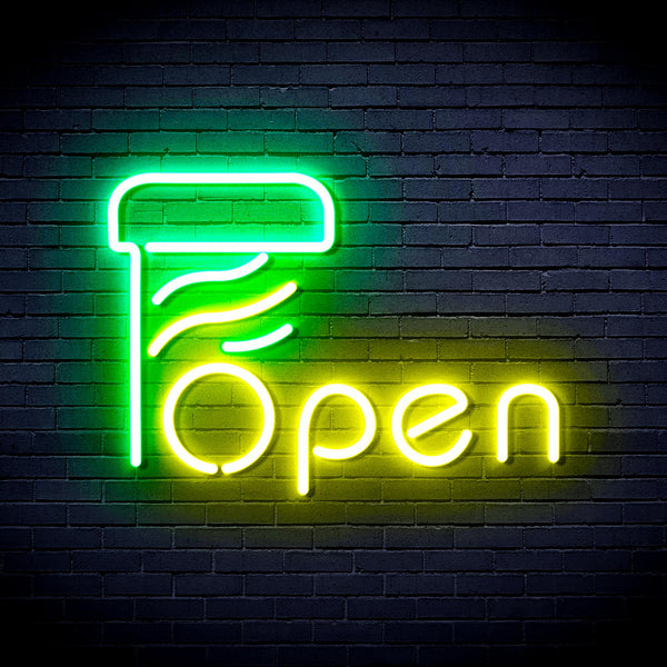 advpro-open-with-barber-pole-ultra-bright-led-neon-sign-fnu0263 - Green & Yellow