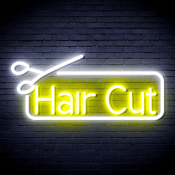 advpro-hair-cut-with-scissors-ultra-bright-led-neon-sign-fnu0287 - White & Yellow