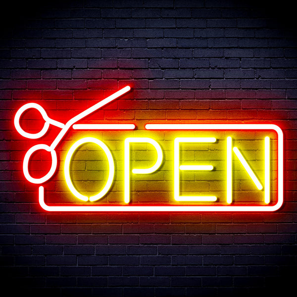 advpro-open-with-scissors-ultra-bright-led-neon-sign-fnu0361 - Red & Yellow