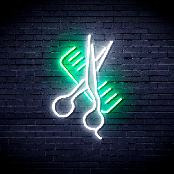 advpro-comb-and-scissors-ultra-bright-led-neon-sign-fnu0363 - White & Green