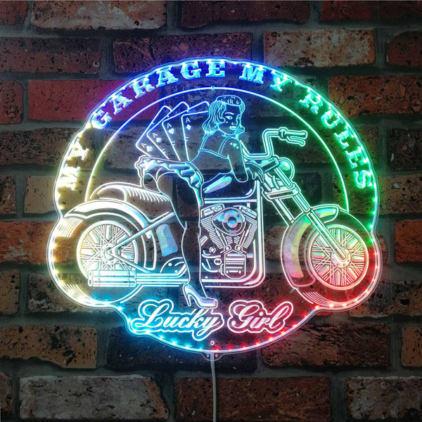 ADVPRO My Garage My Rules Motorcycle Lucky Poker Girl RGB Dynamic Glam LED Sign st06-fnd-i0327