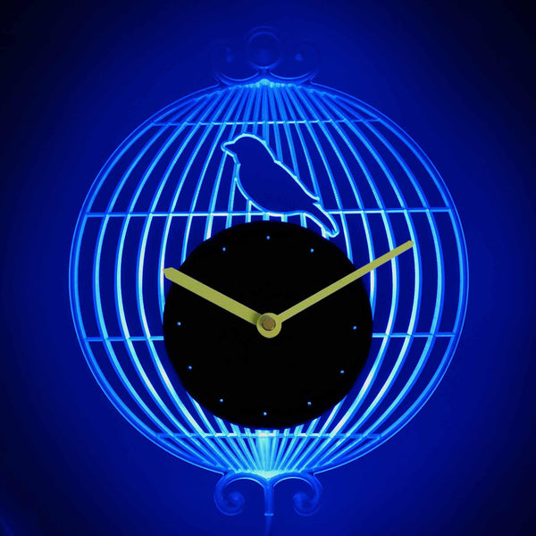 ADVPRO Bird Cage Round with Bird Illuminated Edge Lit Bar Beer Neon Sign Wall Clock with LED Night Light cnc2011 - Blue