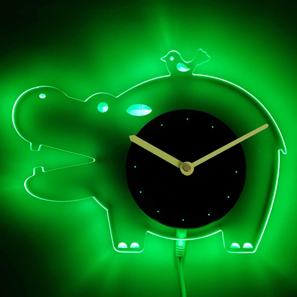 ADVPRO Hippo Nursery Boy Room Illuminated Edge Lit Bar Beer Neon Sign Wall Clock with LED Night Light cnc2028 - Green