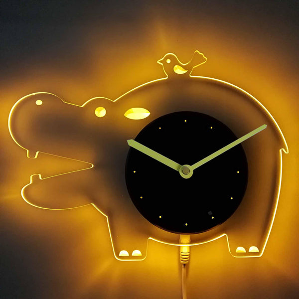 ADVPRO Hippo Nursery Boy Room Illuminated Edge Lit Bar Beer Neon Sign Wall Clock with LED Night Light cnc2028 - Yellow