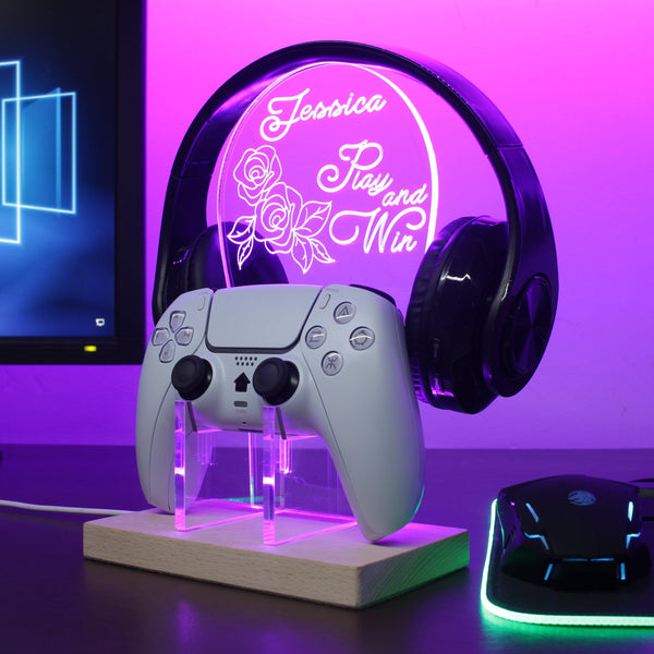 ADVPRO Play and win with flower icons Personalized Gamer LED neon stand hgA-p0016-tm - Purple