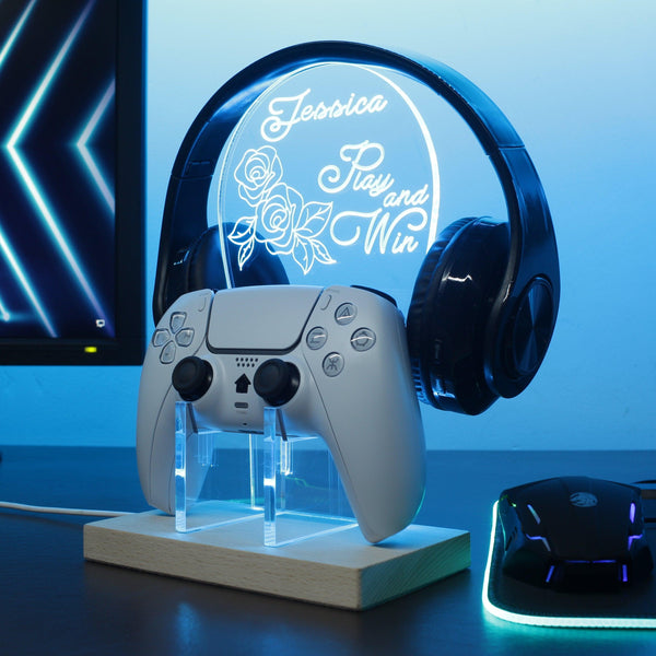 ADVPRO Play and win with flower icons Personalized Gamer LED neon stand hgA-p0016-tm - Sky Blue