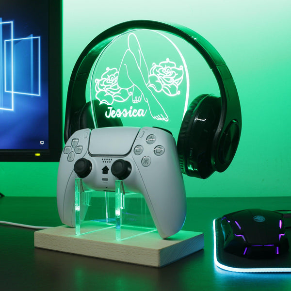 ADVPRO Sexy poses with 2 roses Personalized Gamer LED neon stand hgA-p0035-tm - Green