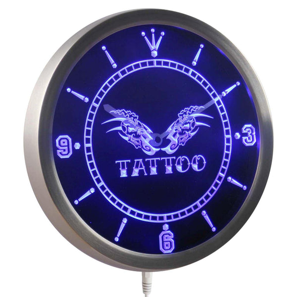 ADVPRO Tattoo Shop Skull Wings Bar Beer Neon Sign LED Wall Clock nc0338 - Blue