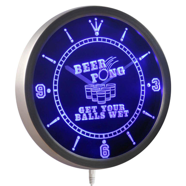 ADVPRO Beer Pong Get Your Balls Wet Bar Neon Sign LED Wall Clock nc0378 - Blue