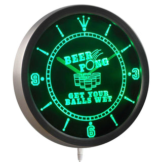 ADVPRO Beer Pong Get Your Balls Wet Bar Neon Sign LED Wall Clock nc0378 - Green