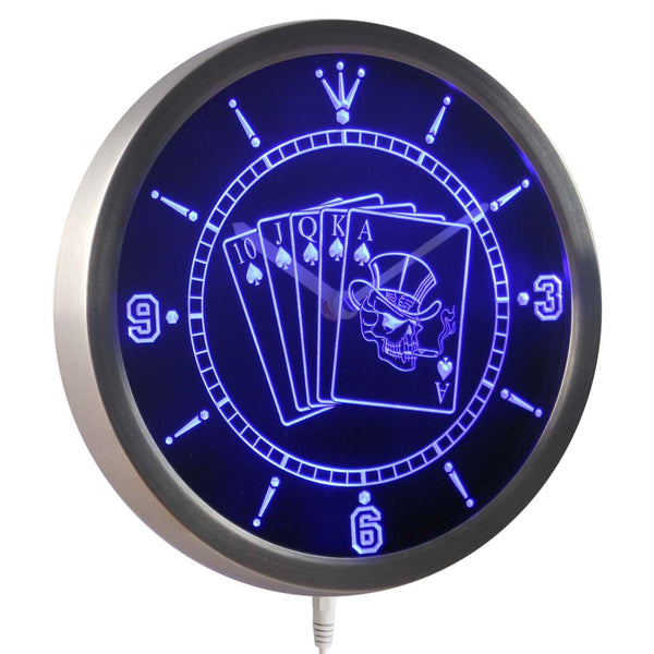 ADVPRO Royal Flush Casino Skull Poker Game Room Neon Sign LED Wall Clock nc0379 - Blue