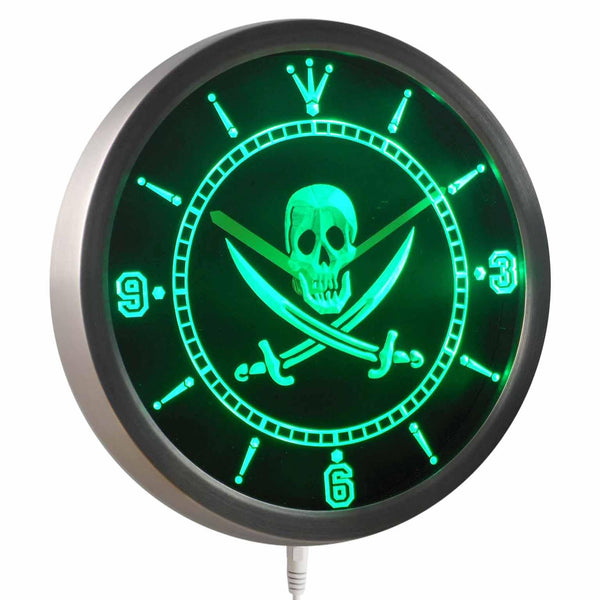 ADVPRO Pirates Skull Head Bar Pub Beer Neon Sign LED Wall Clock nc0452 - Green