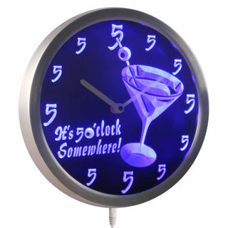 ADVPRO It's 5 O'clock pm Somewhere Cocktails Bar Beer Gift Neon LED Wall Clock nc0459 - Blue