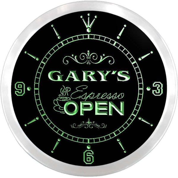 ADVPRO Gary's Espresso Coffee Open Custom Name Neon Sign Clock ncx0026-tm - Green