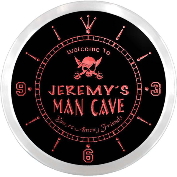 ADVPRO Jeremy's Man Cave Jolly Roger Skull Custom Name Neon Sign Clock ncx0076-tm - Red