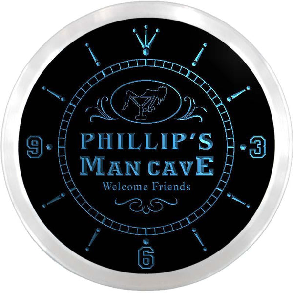 ADVPRO Phillip's Man Cave Cocktail Lounge Custom Name Neon Sign Clock ncx0087-tm - Blue