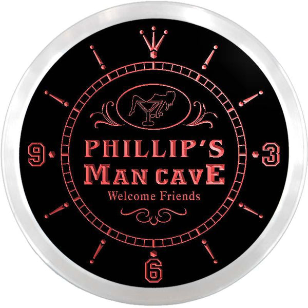 ADVPRO Phillip's Man Cave Cocktail Lounge Custom Name Neon Sign Clock ncx0087-tm - Red