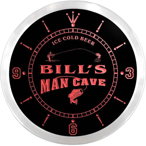 ADVPRO Bill's Man Cave Fishing Hole Custom Name Neon Sign Clock ncx0159-tm - Red