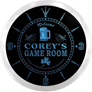 ADVPRO Corey's Shamrock Game Room Bar Custom Name Neon Sign Clock ncx0182-tm - Blue