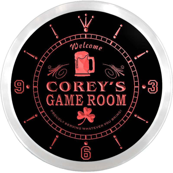 ADVPRO Corey's Shamrock Game Room Bar Custom Name Neon Sign Clock ncx0182-tm - Red