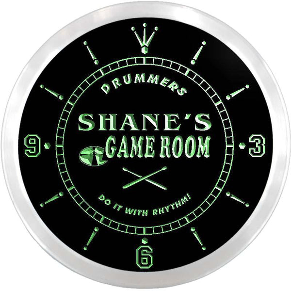 ADVPRO Shane's Drummer's Game Room Custom Name Neon Sign Clock ncx0191-tm - Green