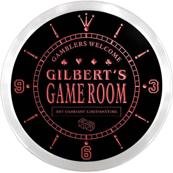 ADVPRO Gilbert's Poker Game Room Custom Name Neon Sign Clock ncx0198-tm - Red