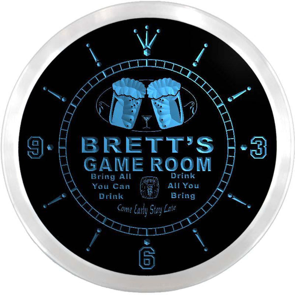 ADVPRO Brett's Game Room Beer Bar Custom Name Neon Sign Clock ncx0204-tm - Blue