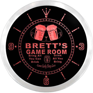 ADVPRO Brett's Game Room Beer Bar Custom Name Neon Sign Clock ncx0204-tm - Red