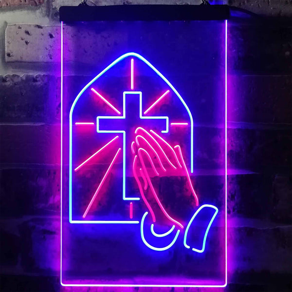 ADVPRO Crosses with Praying Hands Room Display  Dual Color LED Neon Sign st6-i3224 - Blue & Red