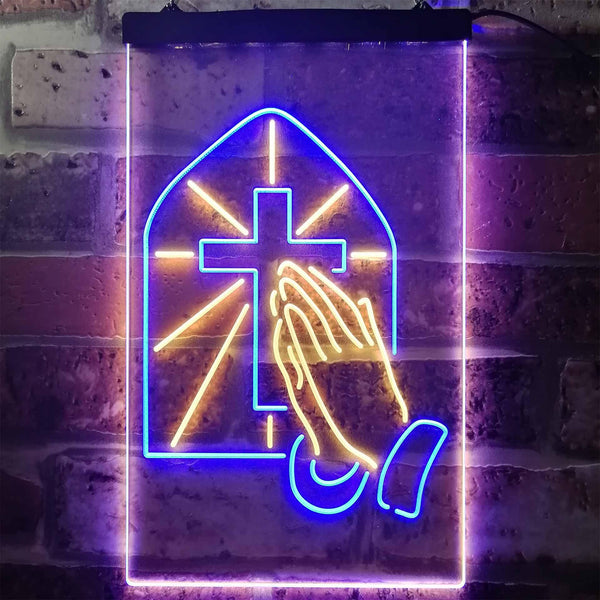 ADVPRO Crosses with Praying Hands Room Display  Dual Color LED Neon Sign st6-i3224 - Blue & Yellow