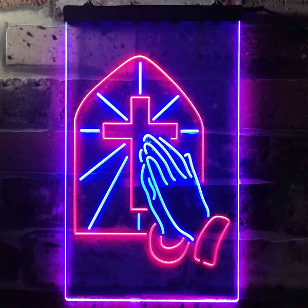 ADVPRO Crosses with Praying Hands Room Display  Dual Color LED Neon Sign st6-i3224 - Red & Blue