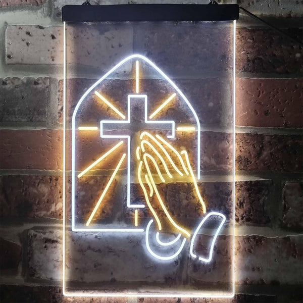 ADVPRO Crosses with Praying Hands Room Display  Dual Color LED Neon Sign st6-i3224 - White & Yellow