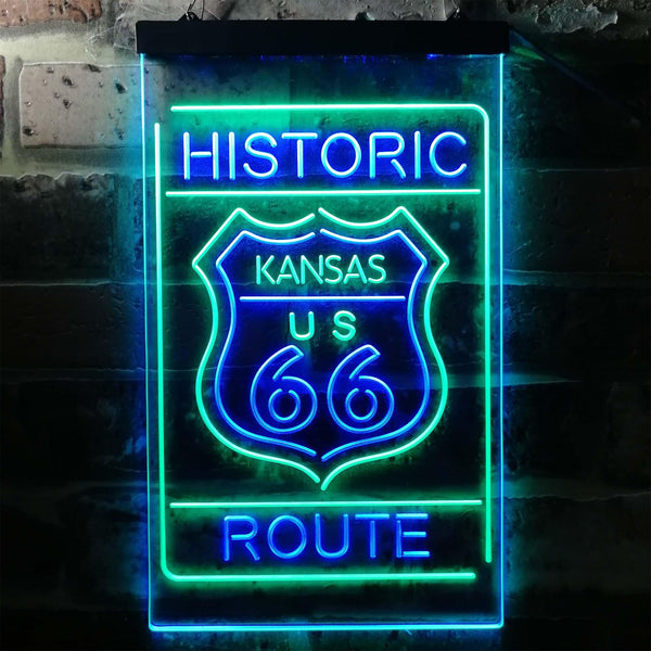 ADVPRO Kansas Historic Route US 66  Dual Color LED Neon Sign st6-i3765 - Green & Blue