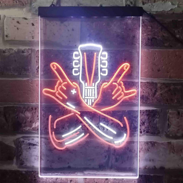 ADVPRO Rock Hands Guitarist Metal Hard Rock Music  Dual Color LED Neon Sign st6-i3915 - White & Orange