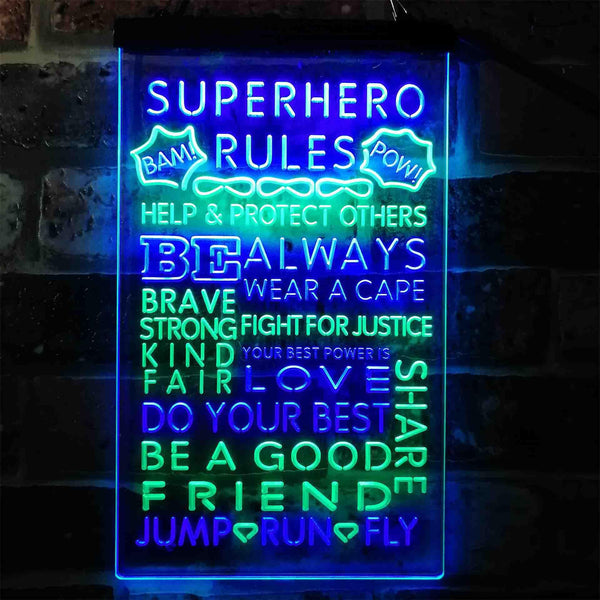 ADVPRO Superhero Rules Wear Cape Jump Run Fly Kid Room  Dual Color LED Neon Sign st6-i3926 - Green & Blue