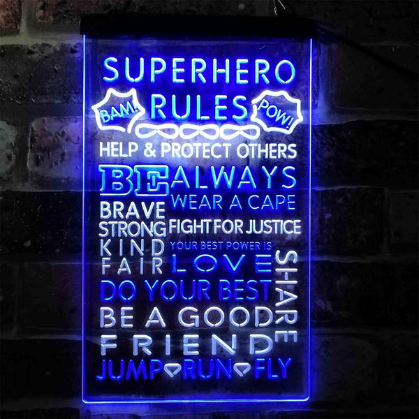 ADVPRO Superhero Rules Wear Cape Jump Run Fly Kid Room  Dual Color LED Neon Sign st6-i3926 - White & Blue