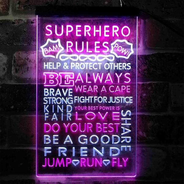 ADVPRO Superhero Rules Wear Cape Jump Run Fly Kid Room  Dual Color LED Neon Sign st6-i3926 - White & Purple