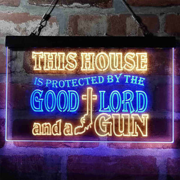 ADVPRO Humor House Protected by Good Lord and a Gun Dual Color LED Neon Sign st6-i3967 - Blue & Yellow