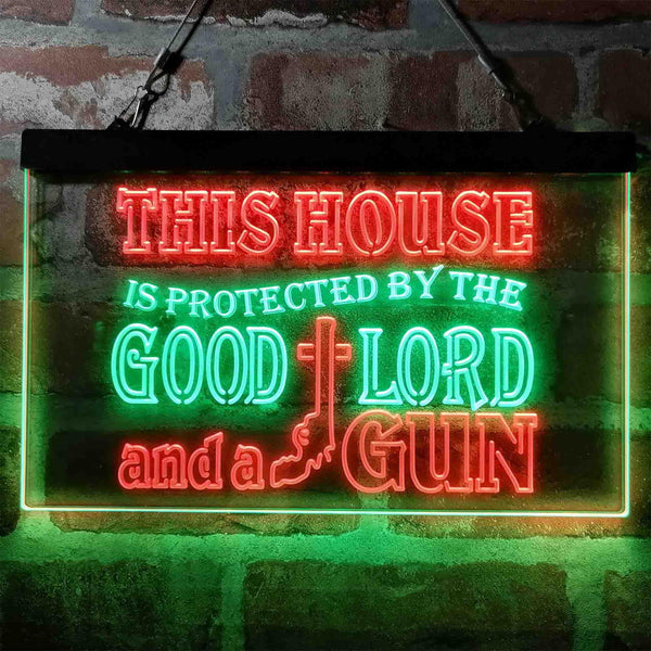 ADVPRO Humor House Protected by Good Lord and a Gun Dual Color LED Neon Sign st6-i3967 - Green & Red