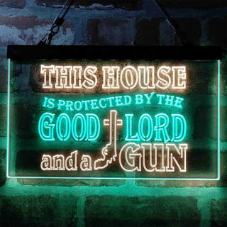 ADVPRO Humor House Protected by Good Lord and a Gun Dual Color LED Neon Sign st6-i3967 - Green & Yellow