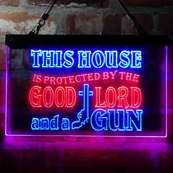 ADVPRO Humor House Protected by Good Lord and a Gun Dual Color LED Neon Sign st6-i3967 - Red & Blue