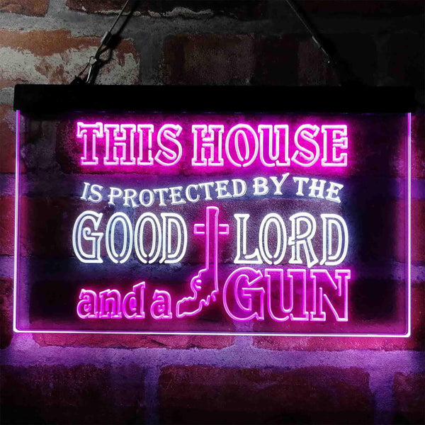 ADVPRO Humor House Protected by Good Lord and a Gun Dual Color LED Neon Sign st6-i3967 - White & Purple