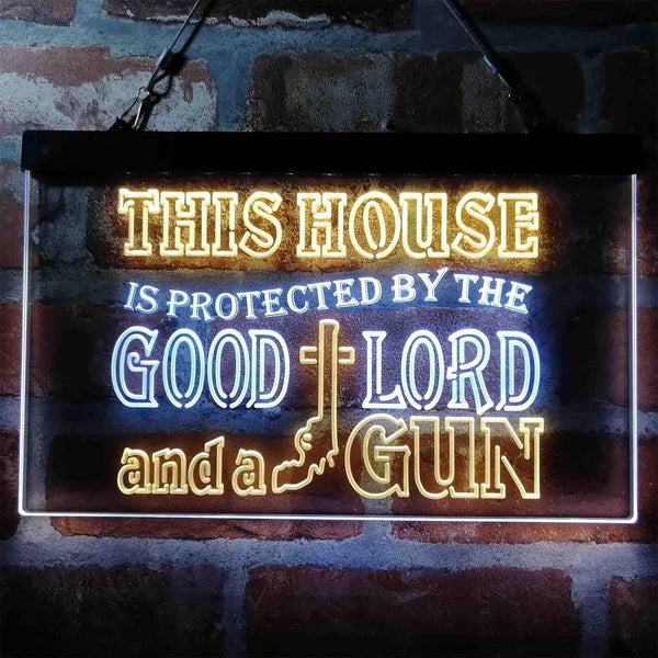ADVPRO Humor House Protected by Good Lord and a Gun Dual Color LED Neon Sign st6-i3967 - White & Yellow