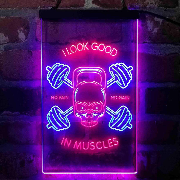 ADVPRO No Pain No Gain I Look Good in Muscles Weight Train Gym Fitness  Dual Color LED Neon Sign st6-i4093 - Blue & Red