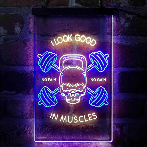 ADVPRO No Pain No Gain I Look Good in Muscles Weight Train Gym Fitness  Dual Color LED Neon Sign st6-i4093 - Blue & Yellow